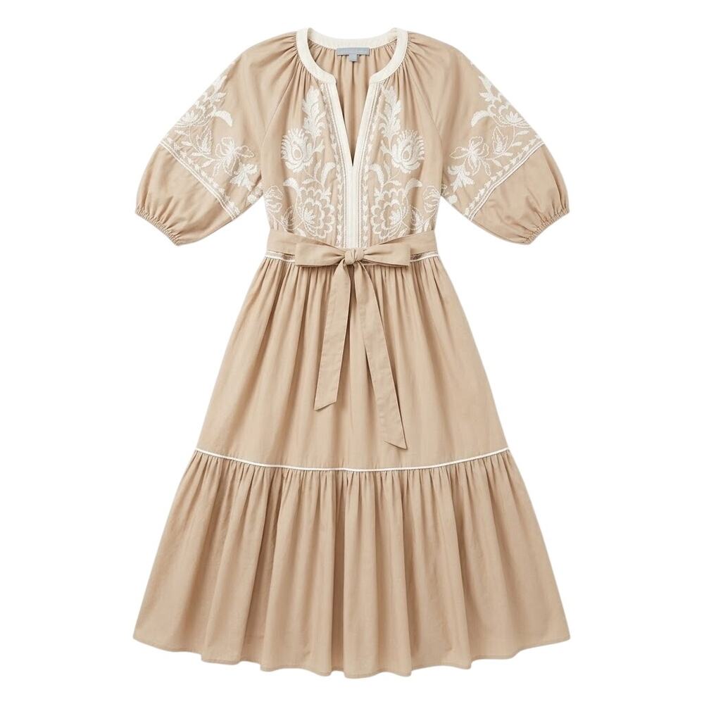 Antonio Melani Tan Embroidery Midi Dress Size 2